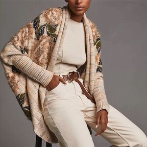 Anthropologie Metallic Floral Oversized Chunky Knit Cocoon Cardigan Sweater
